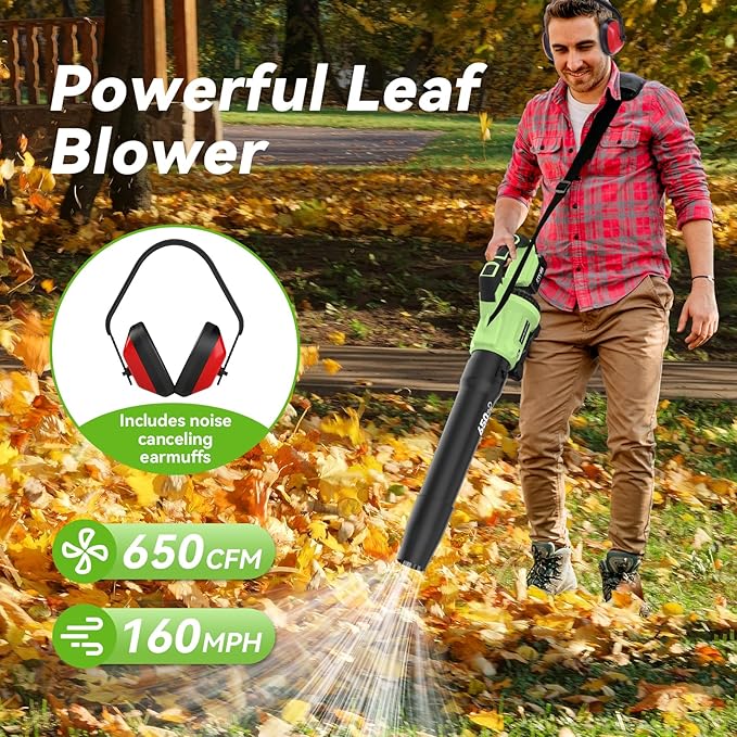 Leaf Blower Cordless,650 CFM & 160 MPH Electric Cordless Leaf Blower with 2 * 4.0Ah Batteries & Noise-Reduction Ear Muffs,3 Speed Powerful Blowing Ideal for Lawn Care, Blowing Leaves, Dust, Snow