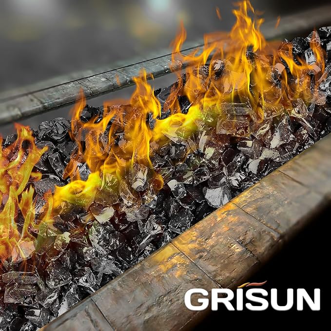 GRISUN Onyx Black Fire Glass for Fire Pit, 10 Pounds 1/2 Inch Tempered Glass Rocks for Natural or Propane Fireplace, Safe for Outdoors and Indoors Firepit Glass