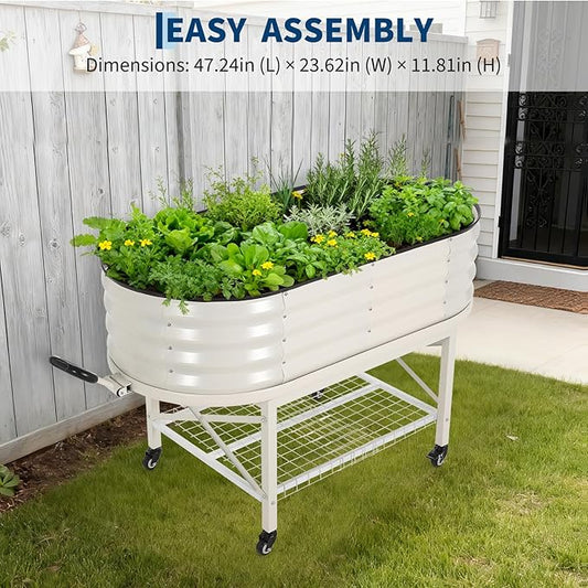 Oval Galvanized Raised Garden Bed Kit with Legs & Storage Rack for Patio, Easy Assembly, Thick Metal Outdoor Planter Box for Vegetables, Flowers, Patio Gardening, White