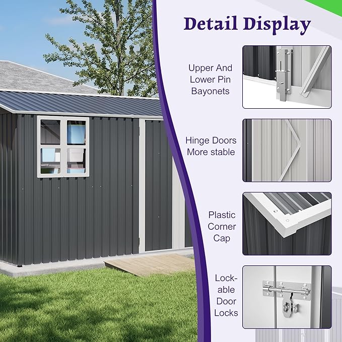 ZMAD Outdoor Storage Shed Metal, Large Garden Tool Sheds Outdoor with Lockable Doors, Waterproof Steel Utility Storage Building (Gray, 8X 10ft /Floor Frame)