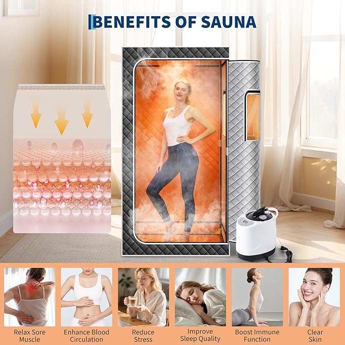 Portable Sauna Box for Home, Personal SPA Steam Sauna with 10 Min Fast Heating，Warm Sauna Tent with 3L/1200W Steamer, 9 Levels, Steam Sauna Tent with 600D, Easy Setup Foldable Sauna for Home Spa（Grey）