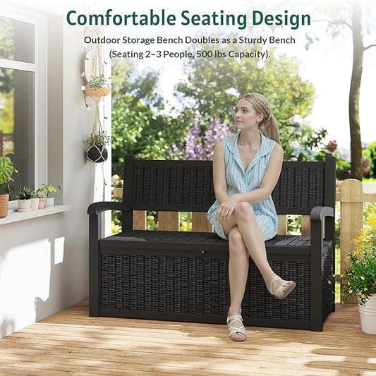 70 Gallon Outdoor Storage Bench, Deck Box Bench with Armrest, Lockable Outside Benches with Storage, Deck Boxes Waterproof for Pool Patio Garden (Black)