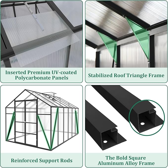 KEIKI 10x12 FT Polycarbonate Greenhouse for Outdoors, Heavy-Duty Aluminum Walk-in Greenhouse with Raised Base, Roof Vent & Drainage System, All-Season Garden Greenhouse, Black