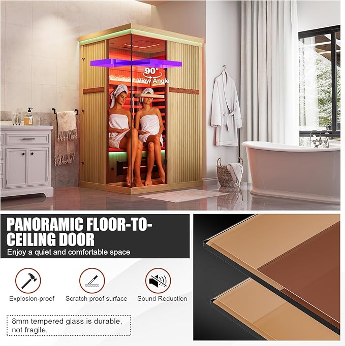 MEISSALIVVE Full Spectrum Sauna for Home, 2 Person Indoor Infrared Sauna Room with 10 Minutes Warm-up Heate, Canadian Hemlock Wood Home Infrared Sauna with Bluetooth and Tempered Glass