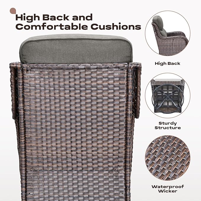 Rilyson Wicker Outdoor Patio Furniture Set - 5 Piece Patio Conversation Sets with Swivel Rocker Chairs, Ottomans and Sofa, 6 inch Cushions, Waterproof Wicker, for Porch Deck Brown/Grey