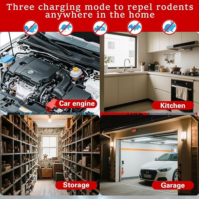 Rodent Repellent for Car Engines, 4Packs Power Supply Rat Deterrent for Car Engines, Ultrasonic Mouse Repeller with Strobe Light, Under Hood Rodent Repellent Keeps Rats Away from Vehicle Car