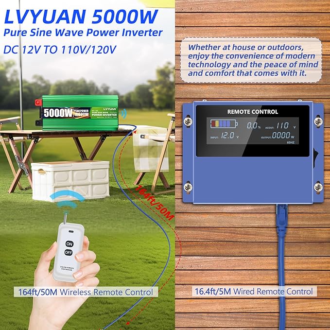 LVYUAN 5000 Watt Heavy Duty 10000(Peak) Pure Sine Wave Power Inverter 12V DC to 110V/120V AC Converter with 4 Sockets, LCD Display, Remote Control and USB Port for Home, RV, Truck, Solar, Emergency