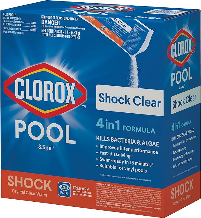Clorox® Pool&Spa™ Shock Clear, for Crystal Clear Swimming Pool Water, Swim-ready in 15 minutes, Suitable for vinyl pools (6-Pack)