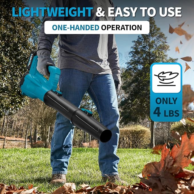 FULLYEA Leaf Blower Cordless, 21V Powerful Leaf Blower with 2 x 4.0Ah Battery & Fast Charger, Lightweight Electric Leaf Blowers for Lawn Care, Yard, Patio Cleaning, Blowing Leaves & Dust (Blue)