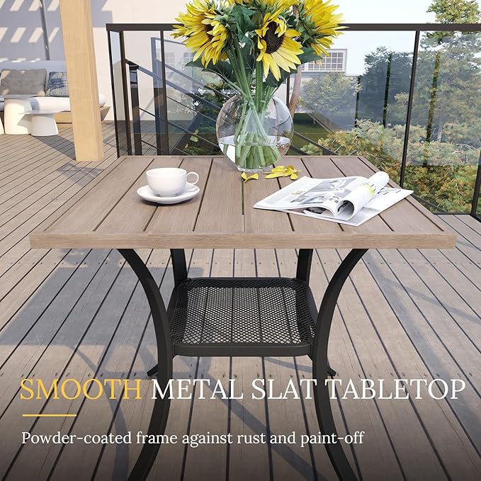 VICLLAX Small Square Outdoor Patio Table, All Weather Metal Outdoor Dining Table for Lawn Garden, 27.5"x 27.5" Patio Table for Outside, Grey Wood-Like Tabletop