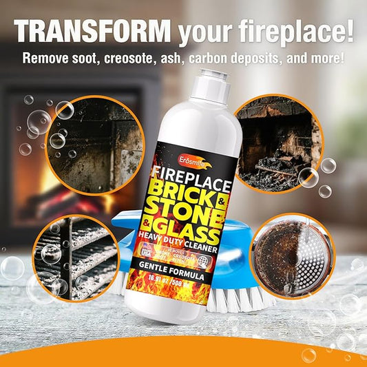 Fireplace Cleaning Set Fireplace Soot Remover with Scrub Brush for Brick, Stone, Rock, Tile, and Marble – Nonabrasive Brick Cleaner, Gentle Formula for Bricks & Glass Indoor and Outdoor -16 oz
