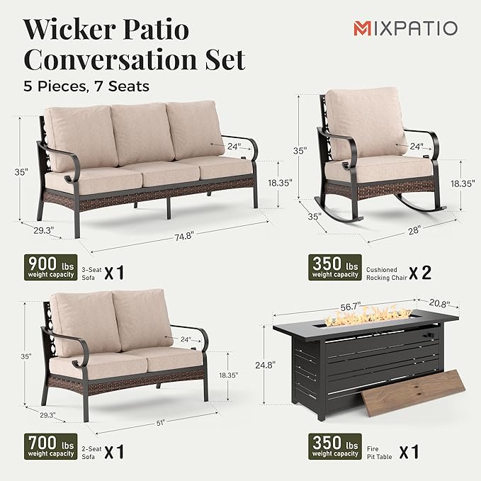Patio Furniture Set with Firepit Table, Black Frame Outdoor Conversation Set with 2 x Rocking Chairs, 1 x 2-Seat Sofa, 1 x 3-Seat Sofa for Lawn Garden Backyard, Beige