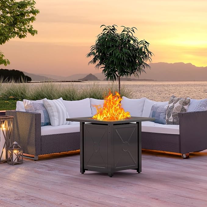 Xbeauty Propane Fire Pit Table, 28" Outdoor Gas Fire Pit Table, 40,000 BTU Auto-Ignition Fire Tables with Lid, Rain Cover and 3 Pounds Lava Stones for Outside Garden Backyard Deck Patio (Square)
