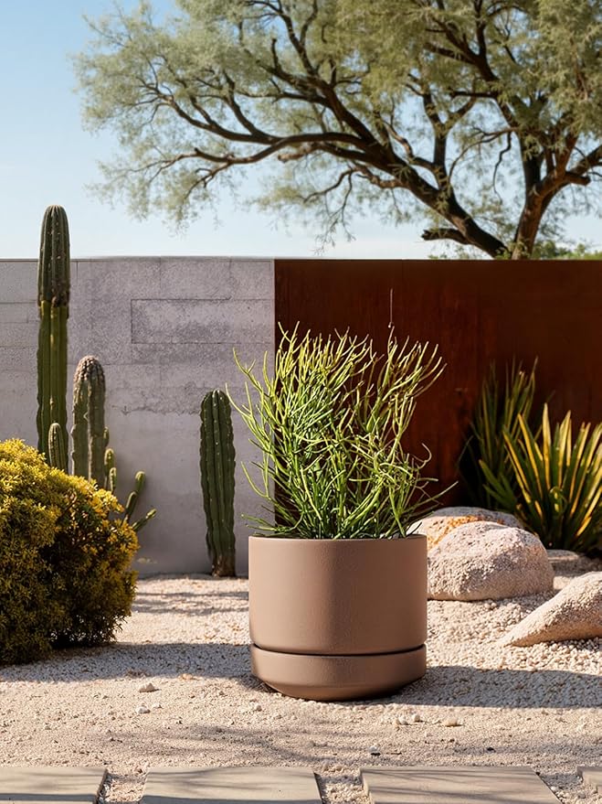 LE TAUCI Large 14 Inch Plant Pot with Saucer | Ceramic Outdoor & Indoor Big Planter Pot | Drainage Hole, Mesh Pad & Plug | Unglazed Porous | Modern Minimalist for Home and Patio – Terracotta Color