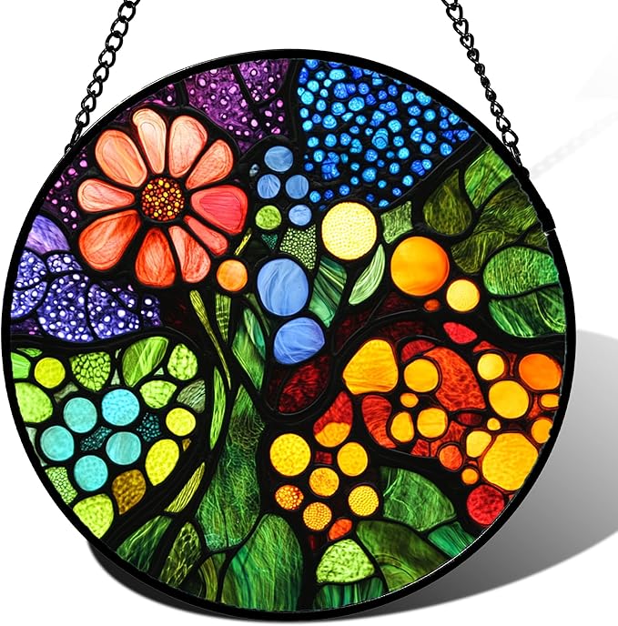 QZQCBLC Stained Glass Window Hanging Red Flowers Green Blue Orange Dots 7.8" - Suncatcher Door Garden Sun Catcher Home Decor Birthday Christmas for Mom Men Woman Nana