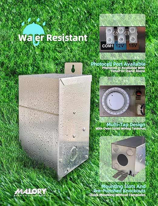 MALORY 75W Low Voltage Transformer with Photocell for Landscape Lighting,120V AC to 12/15V Multi-Tap Waterproof Power Supply for Outdoor Landscape Lights,Yard Lights,Garden Lights,ETL Listed, Silver