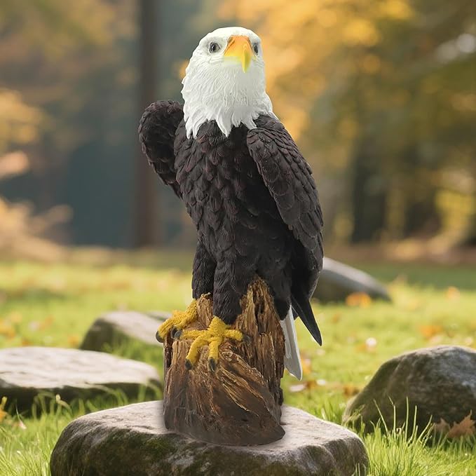 VV-Ladybug Garden Sculpture Hand-Painted Bald EagleResin Statue 14.2 Inch Tall with Stump Base Realistic Feather Texture & Vivid Postures for Home Office Yard Ornament