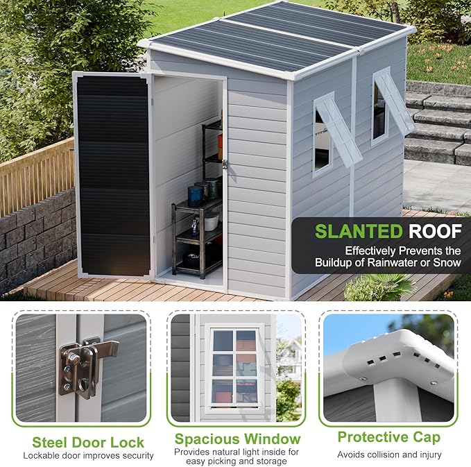 4x8 FT Plastic Storage Sheds Outdoor with Floor and Openable Window, Lean to Resin Shed Easy to Install, Compact Sheds & Outdoor Storage/Tool Shed for Garden & Backyard, Gray