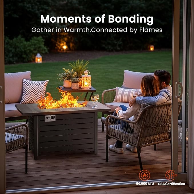 R.W.Flame 43-Inch Propane Fire Pit Table, 50,000 BTU Outdoor Gas Firepit with Waterproof Cover, Glass Stones, Removable Lid, Cup Holders, 2-in-1 Fire Table for Patio, Backyard, Garden, Black