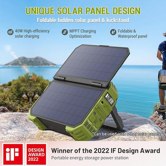 BROWEY Portable Power Station, 1000W (Peak 2000W) Solar Generator with Built-in Solar Panel, 614WH LiFePO4 Battery Pack, AC/DC/USB/PD Outputs, for Outdoor Camping, RV Travel, Emergency Preparedness