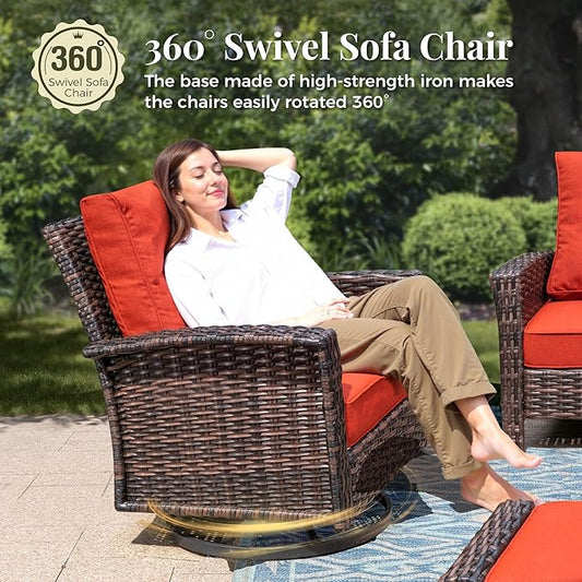 5-Piece Wicker Patio Furniture Set, High Back Outdoor Swivel Chairs with Comfy Ottoman, 5.5-inch Thick Cushion, All-Weather Wicker Patio Conversation Set for Deck Yard Pool, Red