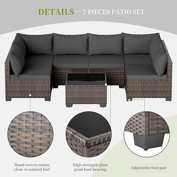 7 Pieces Patio Furniture Set - Outdoor Sectional Wicker Rattan Furniture with Cushion and Glass Table Patio Conversation Sets for Porch Poolside Backyard Outdoor Sofa Set Modular Sofa