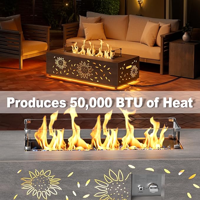 42 inch Propane Fire Pit Table LED, 2 in 1 Rectangular Outdoor Fire Pit with 20lb Tank Cover, Outside Patio Deck and Garden, Gas Fireplace Table with Lid and Stone, 50,000 BTU Adjustable Flame
