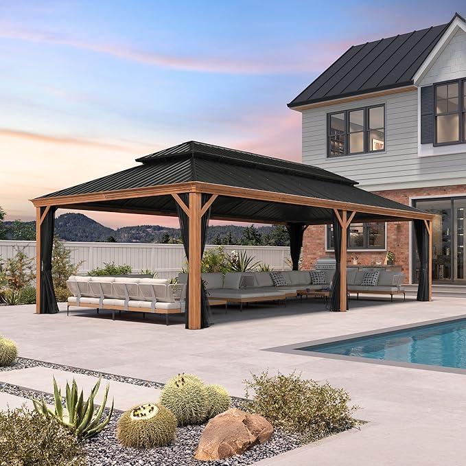 PURPLE LEAF 14' X 28' Outdoor Hardtop Gazebo for Patio Galvanized Steel Double Roof Permanent Canopy Teak Finish Coated Aluminum Frame Pavilion Gazebo with Netting and String Lights