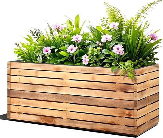 FENCY Metal Planter Box, Large Rectangular Planters for Outdoor Plants, Outdoor Tall Planters with Drainage Holes, Walnut Finish Metal Planters (38" L x 15" W x 16.3" H)