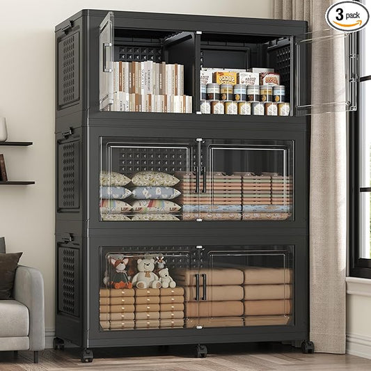 480 QT Extra Large Stackable Storage Bins with Lid, 120 Gal Collapsible Storage Box with Wheels, Folding Closet Organizers and Storage Cabinet with Doors for Home, Kitchen, Office, 3Pack Black