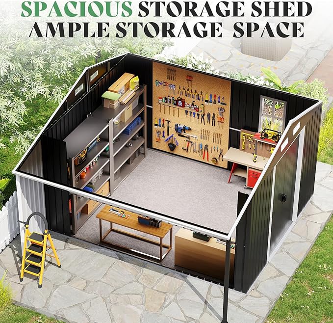 Jocisland Outdoor Storage Shed 10.6x10.3x6.3 FT, Rolling Door Shed with Dual 4-Pane Windows for Wood Storage, Dark Grey/White