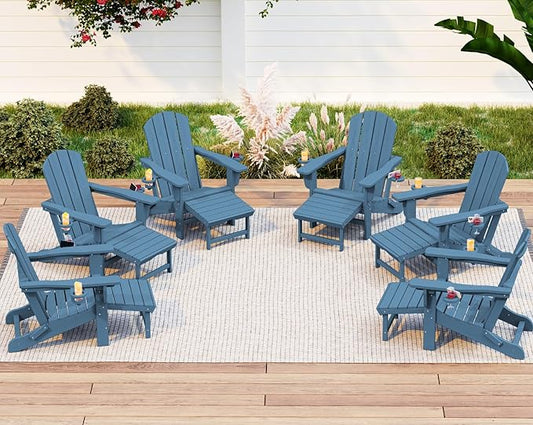 KINGYES Folding Adjustable Adirondack Chair with Ottoman & 2 Cup Holders Set of 6, HDEP Reclining Adirondack Chair with Footrest, Brown