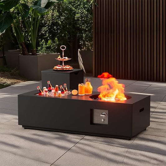 48 inch Propane Fire Pit Table with Ice Bucket, 2 in 1 Rectangular Outdoor Fire Pit with 20lb Tank Cover, Outside Patio Deck and Garden, Gas Fireplace Table with Lid and Stone