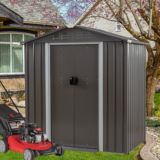 Vongrasig 6x4 FT Outdoor Storage Shed, Metal Garden Shed Clearance with Window and Lockable Door, All-Weather Sloping Roof Tool Shed for Backyard, Patio, Grey
