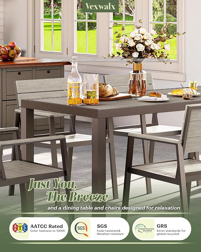 Outdoor Dining Set for 6, Patio Table and Chairs Set, Aluminum Patio Furniture Set with Umbrella Hole, HDPS Patio Dining Table Set for 6 (Gray)
