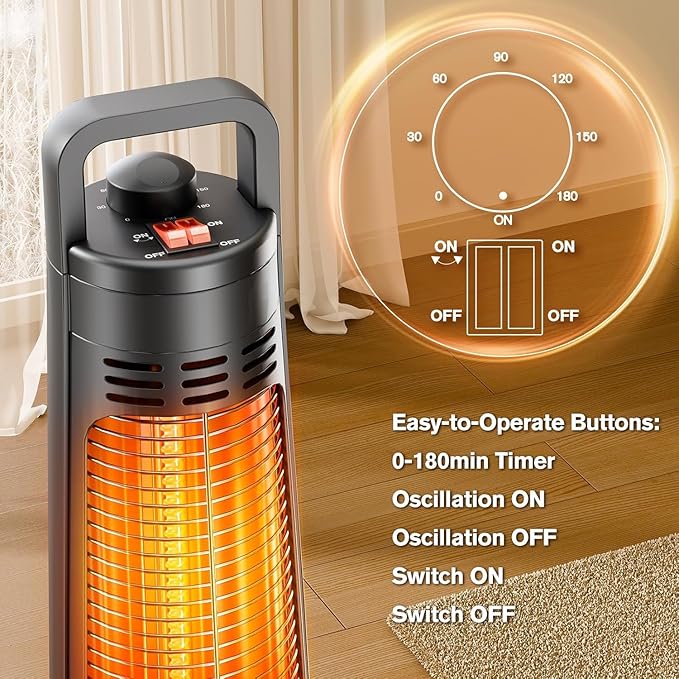 Outdoor Patio Heater, 1200W, 3S Instant Heating, Portable Infrared Heater with 60°Oscillating, 180min Timer, Tip-over & Overheat Protection, Super Quiet Electric Heater for Indoor Outdoor Use, Onyx