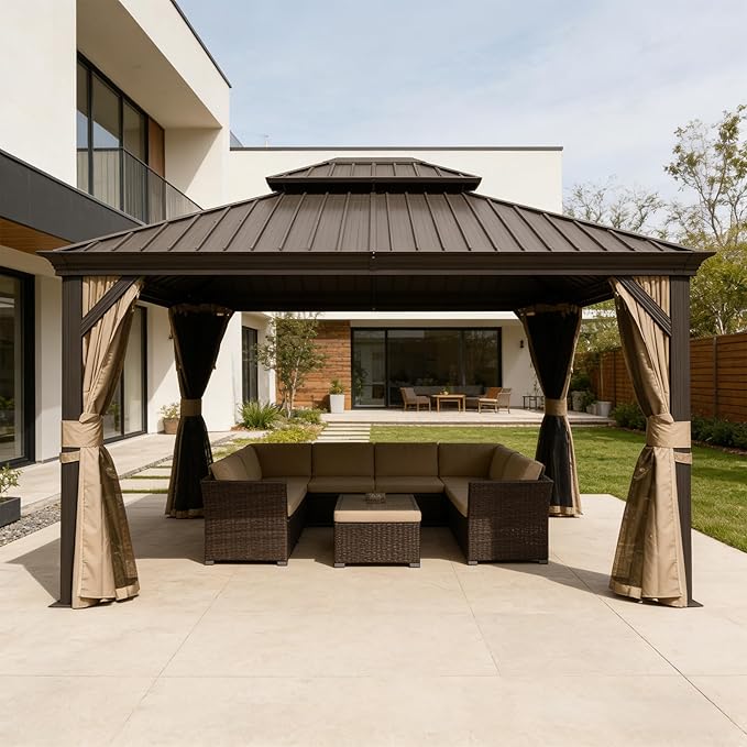 Domi 13x15FT Outdoor Gazebo, Hardtop Gazebo with Galvanized Steel Double Roof, Metal Gazebos with Drainage System Patio Pergola for Patio Deck Backyard,Curtain and Netting,Brown