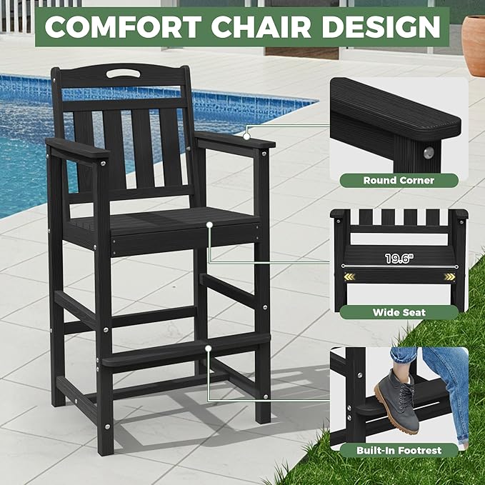 HDPE Outdoor Patio Bar Set with Bar Height Table and 2 Adirondack Chairs, All-Weather High Top Outside Round Pub Furniture for Bistro, Garden, Backyard, Deck | 3-Pieces, Matte Black