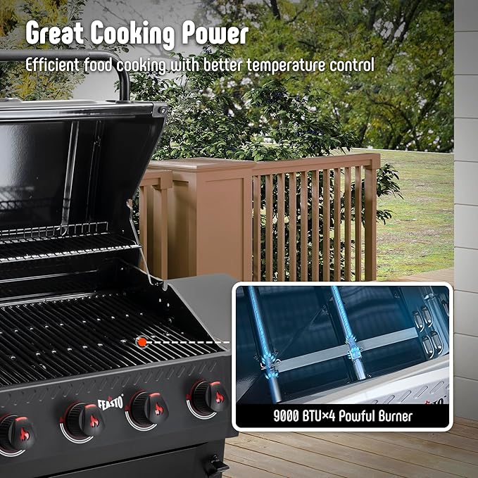 4 Burner Gas Grill, 36,000 BTU Outdoor BBQ Grill with Side Table for Outdoor Cooking & Backyard Barbecue, Premium Enameled Coated Chamber Body with Porcelain-Enameled Grates, Black