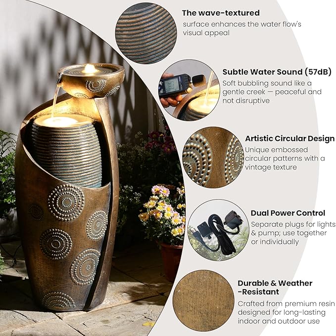 Tankana Outdoor Water Fountain Feature Indoor Garden Large Jar Floor Standing Fountains Waterfall with LED Light & Pump for Home Decor Office Yard Patio Deck Porch, Goldish-Bronze, 32 inches