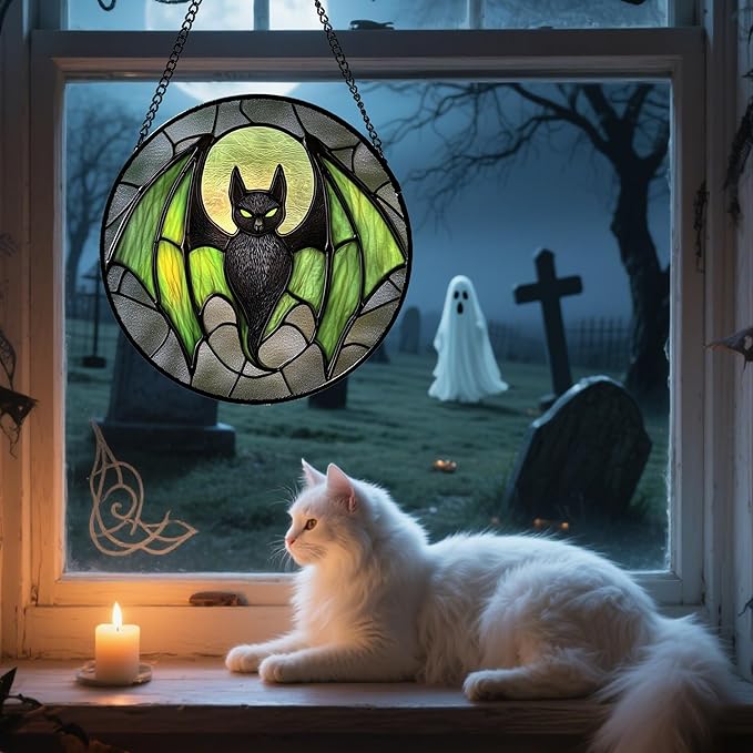 CRISGIF Stained Glass Window Hanging - Halloween Black Bat Green Wings Monster Suncatcher for Doors Garden Home Spooky Sun Catchers Gothic Decor Horror Gift for Women Men Friend Boy Girl 11.8 in