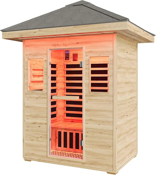 Albott Outdoor Sauna 3 Person, Infrared Saunas for Home, Low EMF 2645W/240V Spruce Wood Dry Sauna with Tourmaline Stone Foot Warmer, 7-Color Light Therapy & 2 Bluetooth Speakers, 60.2"x43.3"x98.4"