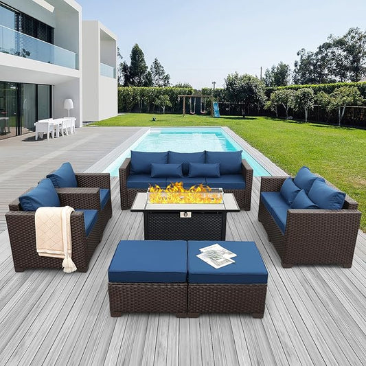 7 PCS Patio Furniture Set Outdoor Patio Furniture with Propane Fire Pit Table Outdoor Couch Patio Chairs Outdoor Conversation Set with Non-Slip Cushions Waterproof Covers, Navy Blue