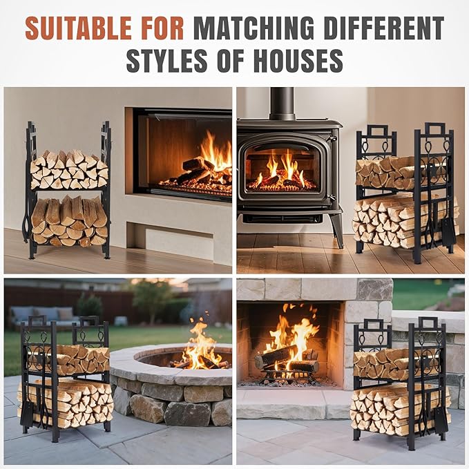 INNO STAGE Firewood Rack Fireplce Firepit Tools Set Double Layer Iron Wood Log Holder for Fire Place Outdoor Indoor Accessories-Brush, Shovel, Tong, Hook