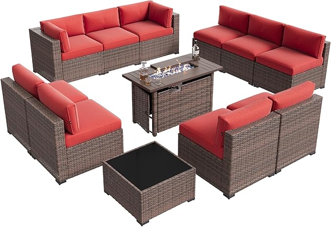 Aoxun Patio Furniture Sets, 12-Piece Outdoor Patio Furniture with 44'' Propane Gas Firepit Table, Wicker Outdoor Conversation Set Sectional Sofa for Backyard, Poolside, Garden