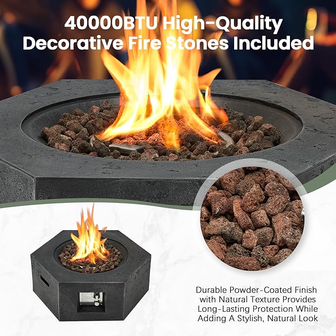 ECOTOUGE Propane Fire Pit Table, Outdoor Gas Fire Pit Set w/Side Handles, 30''Auto-Ignition Steel Fire Table, 50,000 BTU Hexagon Concrete fire Pit w/Weather-Resistant Pit Cover, Lava Rocks, Black