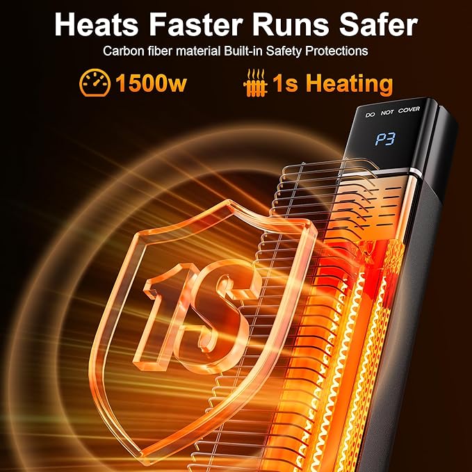 Patio Heater,1500W Outdoor Heater with 3 Heat Levels,Quiet Operation,Carbon Fiber Heating Tube, Remote,24H Timer, Tip-Over & Overheat Protection,Electric Heaters for Garage,Backyard,Porch Black