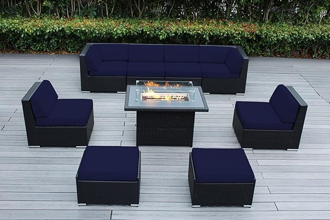 9 Piece Ohana Outdoor Patio Furniture Black Wicker Conversation Set with Fully Assembled Sectional and 42-inch Propane Gas Fire Table
