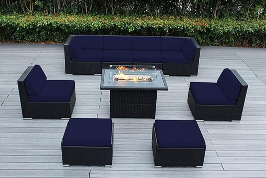 9 Piece Ohana Outdoor Patio Furniture Black Wicker Conversation Set with Fully Assembled Sectional and 42-inch Propane Gas Fire Table
