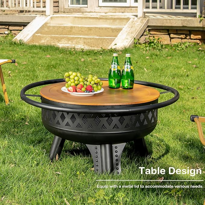 32 Inch Outdoor Fire Pit with Grill, Wood Burning Firepit for Outside with Lid/Fire Poker, Metal Round Fire Pit Table for Patio Backyard Garden Bonfire Party